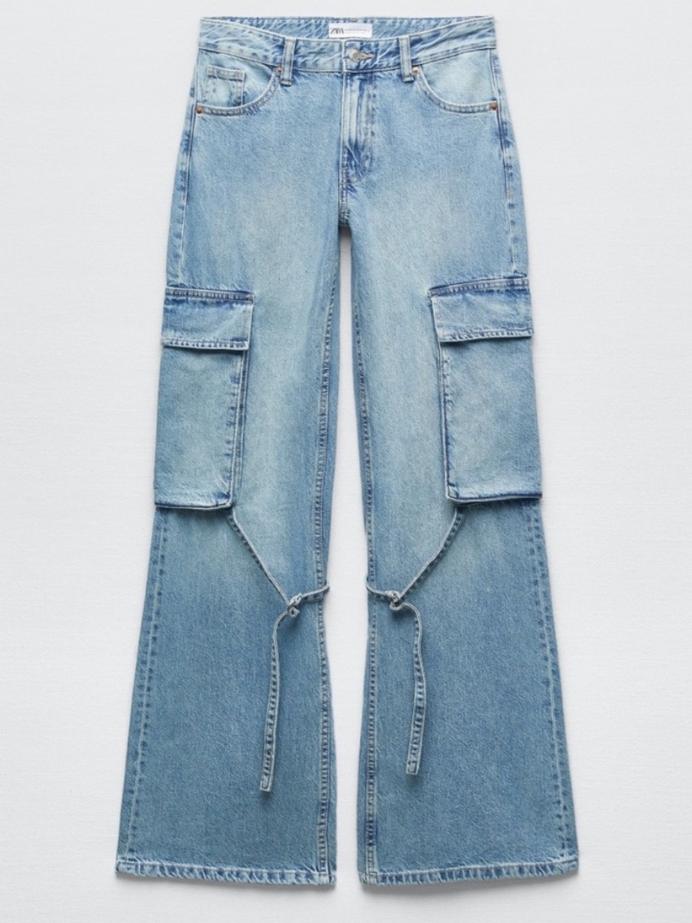 Zara cargo baggy wide leg tie detail light wash streetwear jeans 6